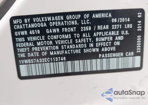 2014 Volkswagen Passat 1.8T Se z USA, uszkodzony, nr VIN 1VWBS7A32EC113746